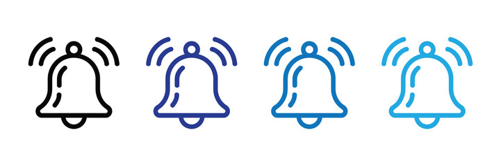 Collection of four bell icons representing notifications, alerts, and sounds, with variations in line style and color, isolated on white background