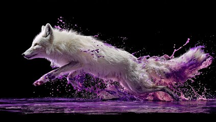 Arctic fox in motion, vibrant purple splashes
