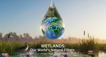Poster design with globe inside a drop of water, wetland conservation message.