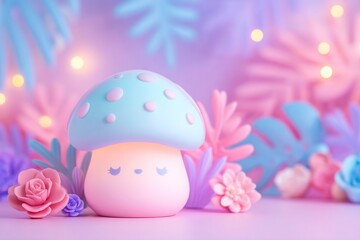 A cute and charming image of an adorable pastel mushroom nightlight beautifully adorned with delicate floral decor creating a whimsical and magical ambiance
