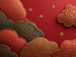 Close-up of a vibrant red, Asian-inspired artwork on glossy papercardstock Dominant red cloud shape with embedded designs, possibly symbols or flowers No text within the artwork gra - AI-Generated