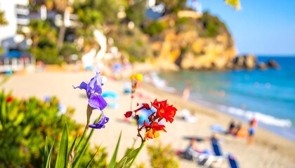 Coastal flowers, blurry beach scene