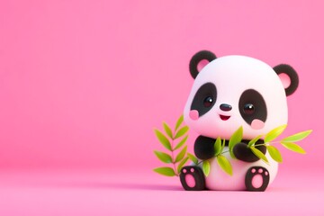 Obraz premium A cute and minimalist illustration of a cheerful cartoon panda holding a fresh bamboo stalk capturing its iconic charm and gentle nature