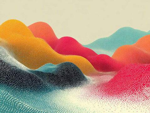 Abstract landscape artwork, dominated by hills in a progression of blue, orange, and red hues Pointillism technique used with bright, saturated colors Modern art style, slight perspec - AI-Generated