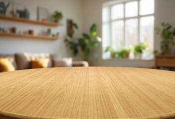 Wooden table in a bright living room filled with plants and cozy furniture
