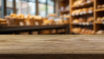 Freshly baked bread displayed in a warm and inviting bakery setting with wooden shelves and a rustic table