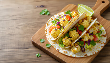 Vegan cauliflower taco on a wooden cutting board with copy space