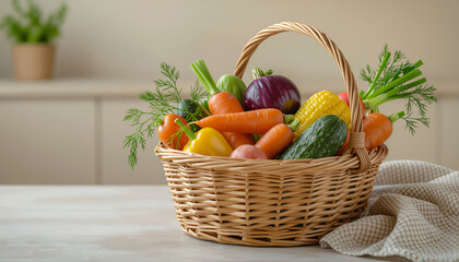 Harvest vegetables in a rustic basket on a neutral kitchen surface with copy space