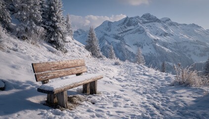 Snowy mountain vista with wooden bench (1)