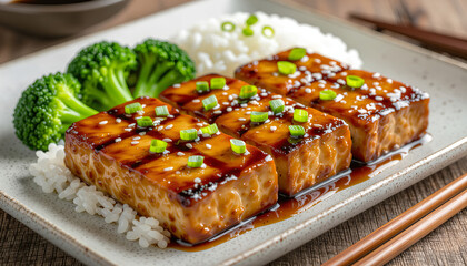 Grilled tofu steaks with teriyaki glaze and steamed rice on a rectangular plate