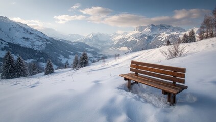 Snowy mountain vista with wooden bench (2)