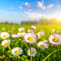 Close-up of daisies in a vibrant green field under a sunny sky