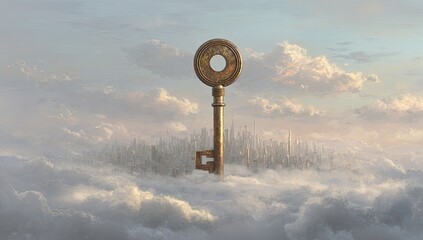 Golden key floats over city in clouds