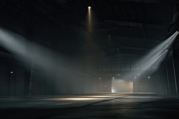 Industrial hangar interior bathed in spotlight