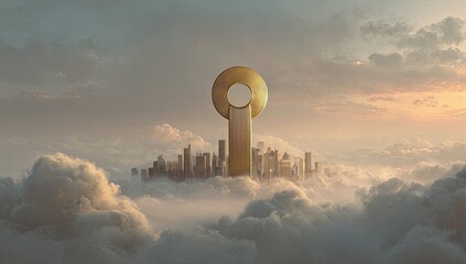 Golden city floating on clouds at sunrise