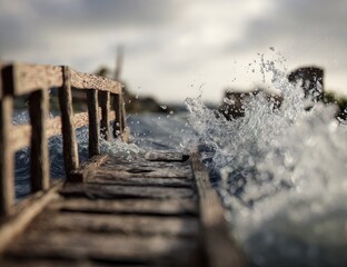 Wooden walkway battered by waves