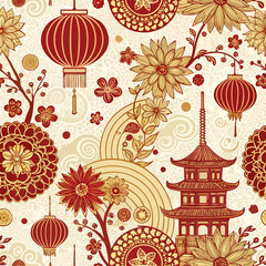 Traditional Chinese patterns in red and gold on a white background