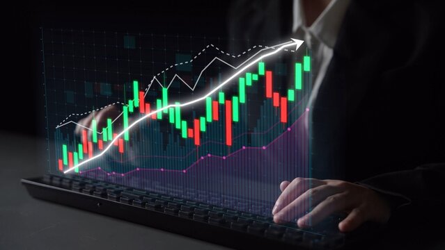 A businessman analyzes financial data on a laptop, showcasing stock market growth through digital graphs. The image highlights investment trends and analytics. Copula - Powered by Adobe