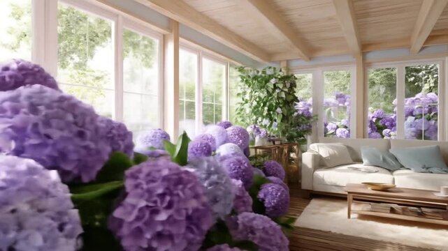 Sunlit living room with hydrangeas
