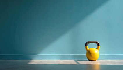 A single yellow kettlebell rests on a light gray floor in front of a teal wall, bathed in sunlight