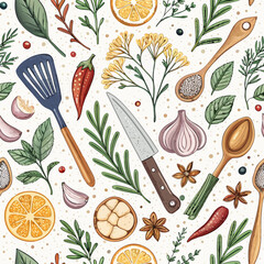 Kitchen tools, spices, and plant-based icons pattern on a white background