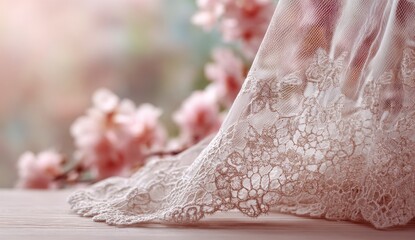 Delicate lace fabric draped over wood, with soft pink flowers in background