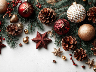A white-backed Christmas decoration arrangement, featuring pine cones, red and gold baubles, small stars, a berry-laden branch or twig, all scattered and illuminated by soft shadows in - AI-Generated