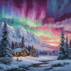 Winter wonderland with vibrant aurora