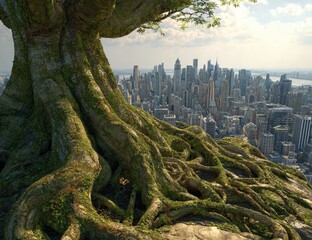 Giant tree roots with moss, overlooking a city skyline
