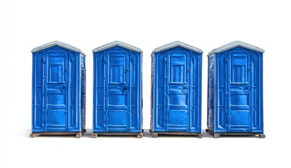 Four blue portable toilets on white background