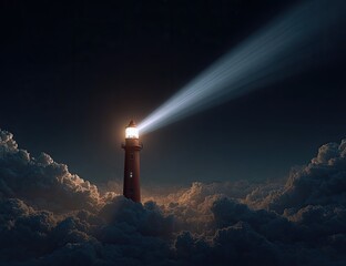 Lighthouse beacon in the night sky above clouds