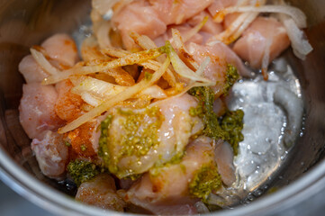 Marinating Meat with Spices, Onion, and Pesto Sauce