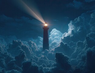 Lighthouse piercing through clouds at night