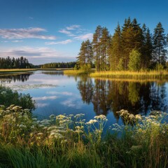 Serene lake scene at dawn