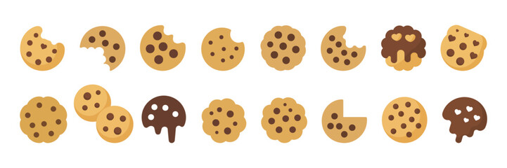 Collection of assorted chocolate chip cookies, some bitten, some whole, isolated on white background