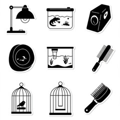 Pet Supplies Vector Icon Set – Aquarium, Bird Cage, Pet Food, and Grooming Tools