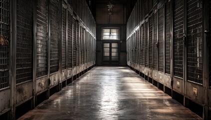Long corridor lined with metal cages, dimly lit