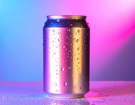 A metallic beverage can with water droplets, illuminated by vibrant, cool-toned light - Powered by Adobe