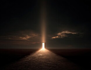 Open door to a luminous path at night