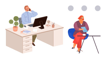 Man talking on phone at desk with monitor, potted plant, documents woman in chair holding tablet. Ideal for teamwork, communication, collaboration, office, productivity, work interaction simple flat