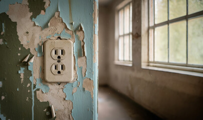 Close-up of an old, peeling electrical outlet on a wall with flaking paint, set against the blurred background of an abandoned room's window, symbolizing desolation and decay