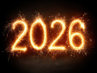 A bold, dark background display with the year 2026 in white, with a slight glow and orange sparkles scattered - AI-Generated