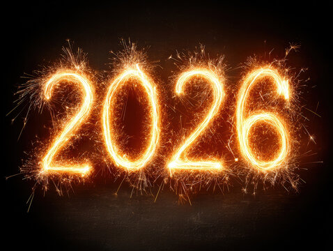 A bold, dark background display with the year 2026 in white, with a slight glow and orange sparkles scattered - AI-Generated