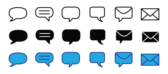 Collection of speech bubble and envelope icons in outline, solid black, and blue color variations, isolated on white background