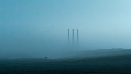 Misty landscape with industrial structures