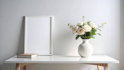 Minimalist White Desk Setup with Blank Frame and Elegant Flowers