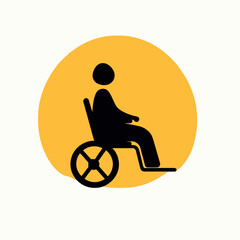 Fototapeta premium Minimalist flat vector icon of person sitting in wheelchair symbolizing accessibility and inclusivity on yellow circle background