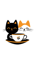 Obraz premium Minimalist flat vector illustration of two smiling cats with coffee cup and saucer featuring flame logo in warm black and orange colors for playful cozy cafe branding