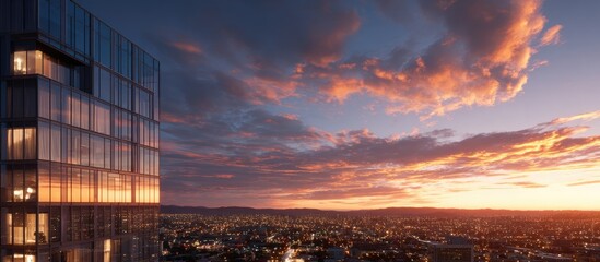 City skyline at sunset with modern skyscraper