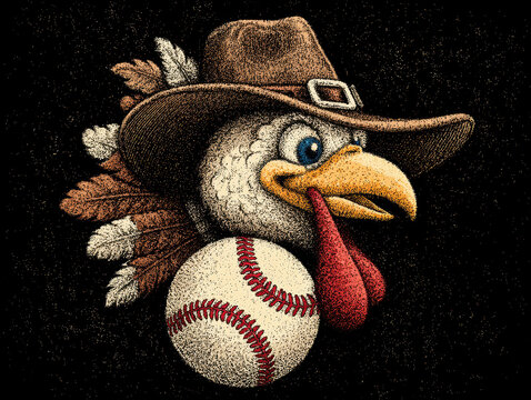 Anthropomorphic cowboy turkey illustration, wearing a hat and bandana, holding a toothpick resembling a cigar Stylized in a playful, whimsical manner with a three-quarter view Set aga - AI-Generated